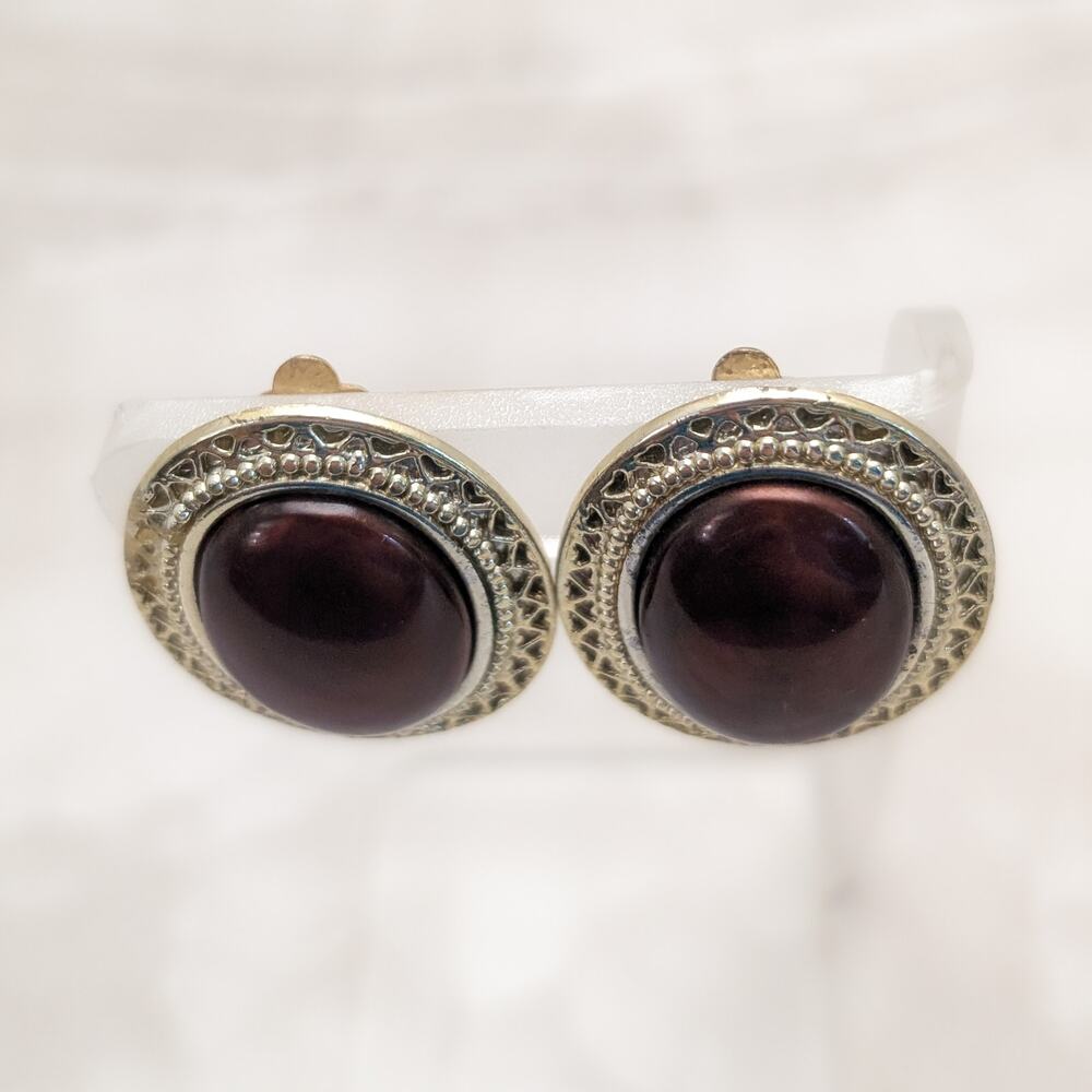 Vintage Clip On Earrings Very Large Gold Tone & Brown Oval Statement Glam - Picture 4 of 8
